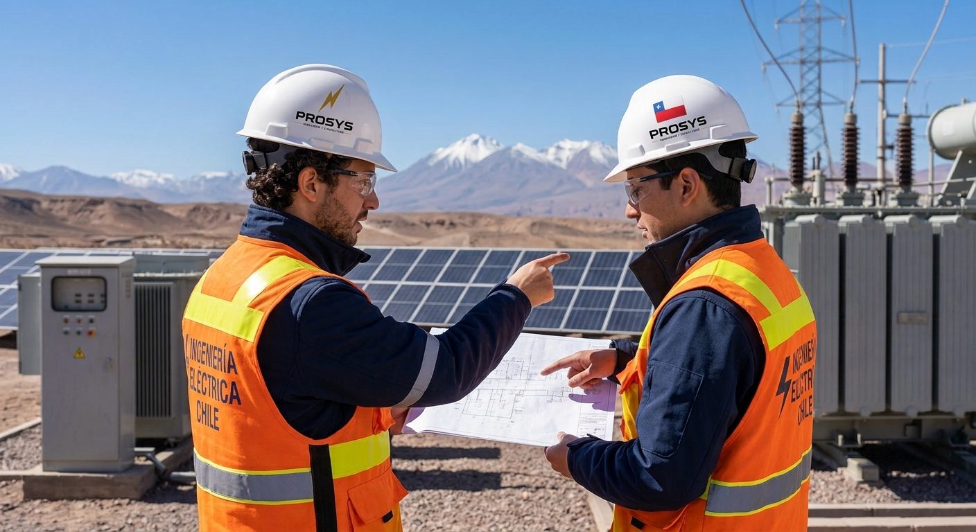 Dos ingenieros de Prosys con casco y chaleco revisan planos frente a una subestación eléctrica con paneles solares