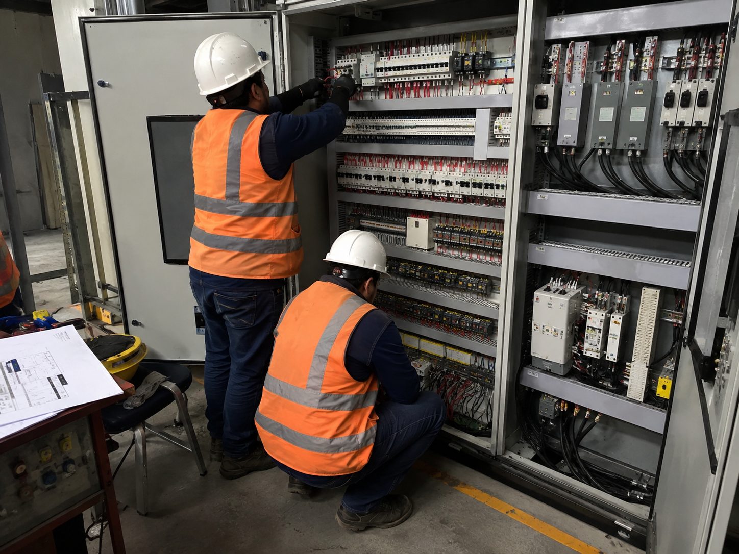 Dos técnicos de Prosys trabajando en un tablero eléctrico industrial